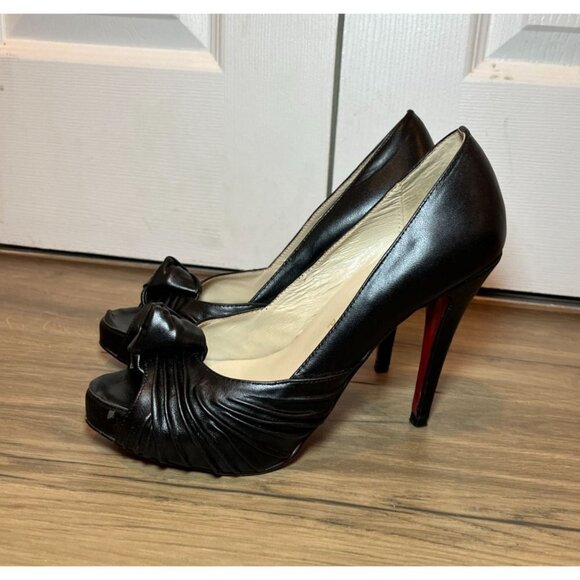 Christian Louboutin Lady Gres Black Leather Peep-Toe Platforms Heels Women 10 - Picture 2 of 13